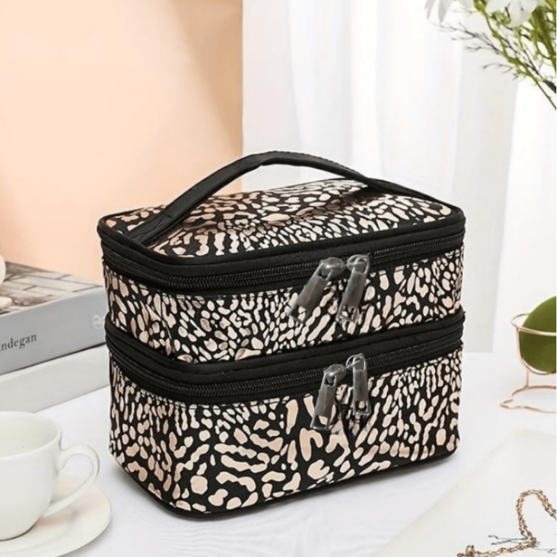 Leopard Print Double Layer Makeup Bag Waterproof Large Capacity Storage Bag