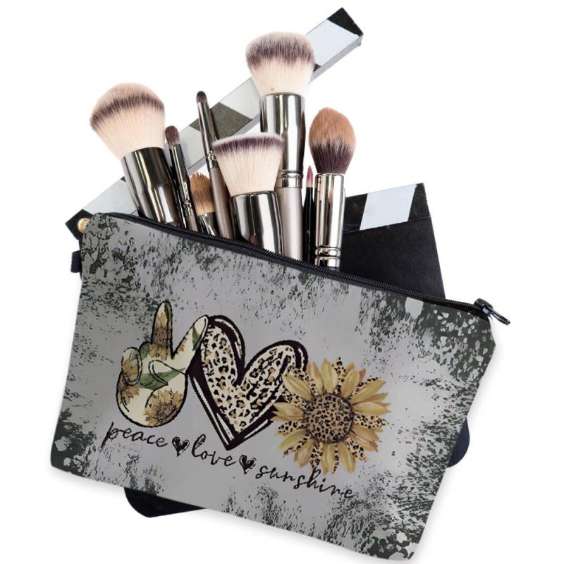 Sunflower Leopard Heart Cosmetic Bag Makeup Organizer Peace Love Sunshine