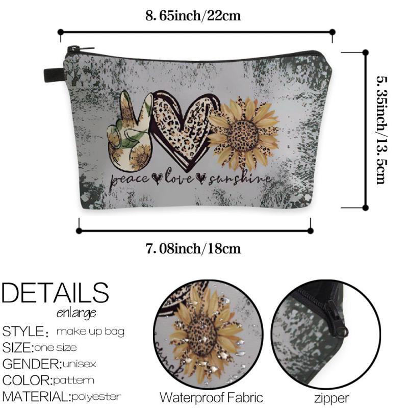 Sunflower Leopard Heart Cosmetic Bag Makeup Organizer Peace Love Sunshine