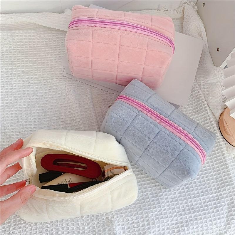 Checkered Cosmetic Bag Travel Storage Toiletry Large Capacity Pink