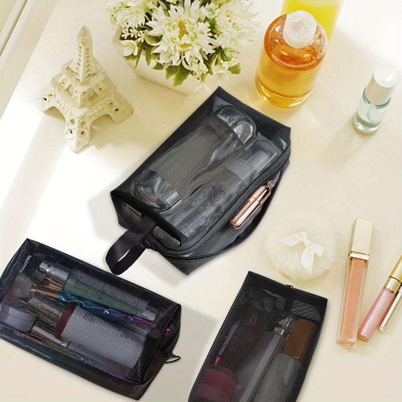 3pcs Portable Mesh Makeup Toiletry Bags with Zipper, Lightweight and Spacious