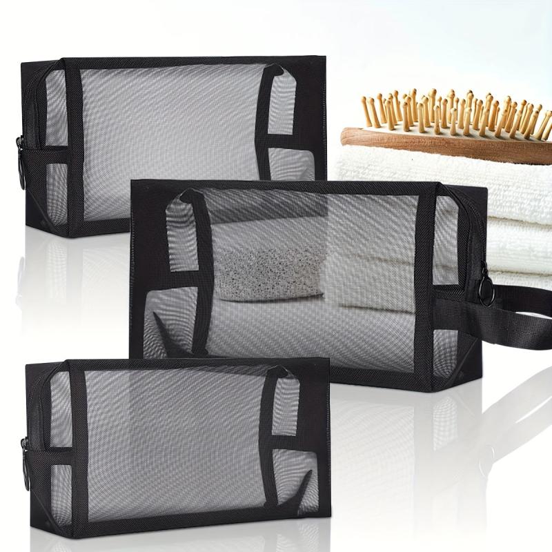 3pcs Portable Mesh Makeup Toiletry Bags with Zipper, Lightweight and Spacious
