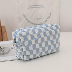 Checkered Knitted Cosmetic Bag Makeup Pouch Zipper Toiletry Bag for Girls Women