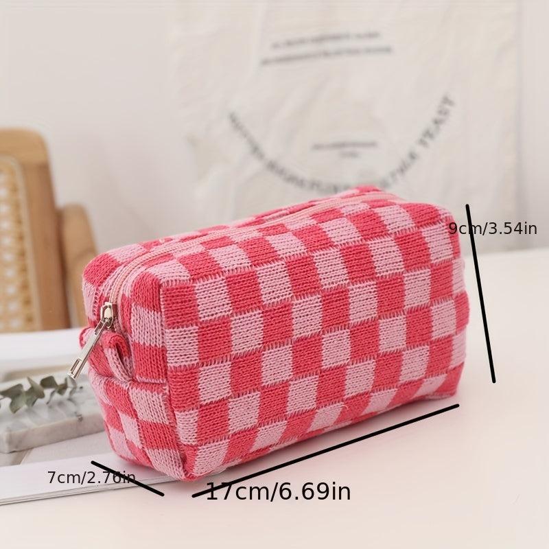 Checkered Knitted Cosmetic Bag Makeup Pouch Zipper Toiletry Bag for Girls Women