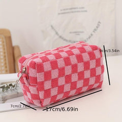 Checkered Knitted Cosmetic Bag Makeup Pouch Zipper Toiletry Bag for Girls Women
