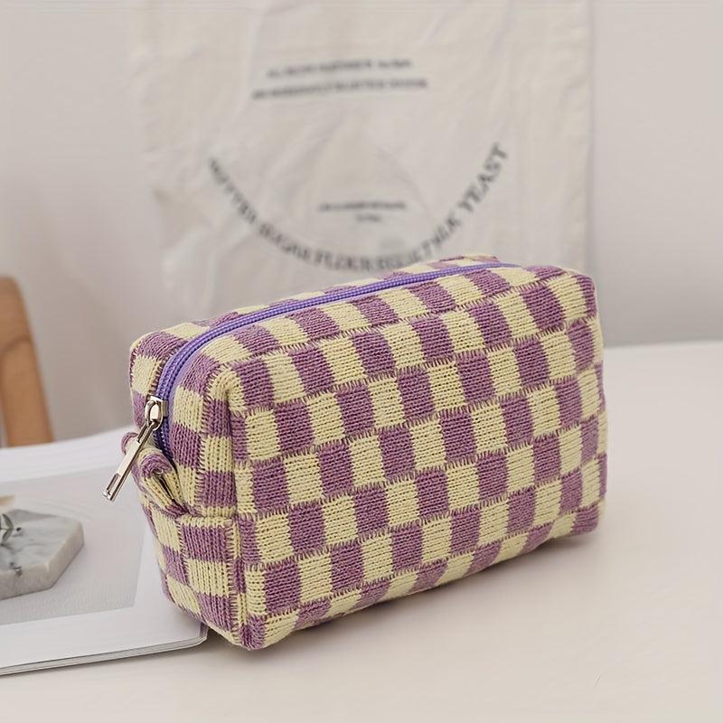 Checkered Knitted Cosmetic Bag Makeup Pouch Zipper Toiletry Bag for Girls Women