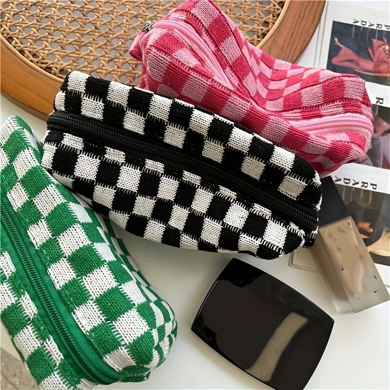 Checkered Knitted Cosmetic Bag Makeup Pouch Zipper Toiletry Bag for Girls Women
