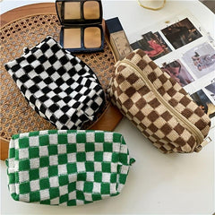 Checkered Knitted Cosmetic Bag Makeup Pouch Zipper Toiletry Bag for Girls Women