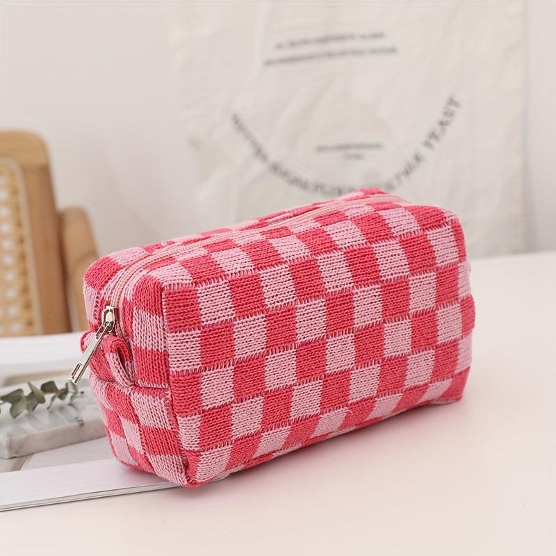 Checkered Knitted Cosmetic Bag Makeup Pouch Zipper Toiletry Bag for Girls Women