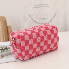 Checkered Knitted Cosmetic Bag Makeup Pouch Zipper Toiletry Bag for Girls Women