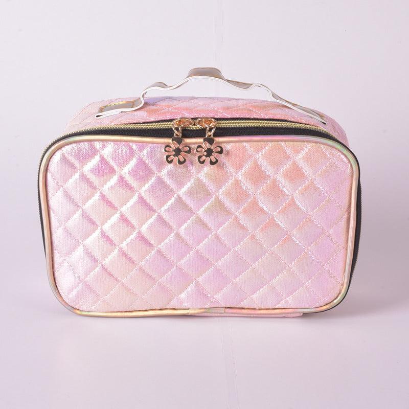 Large Capacity Hand Cosmetic Bag Waterproof Toiletry Handle Zipper Plaid Pattern