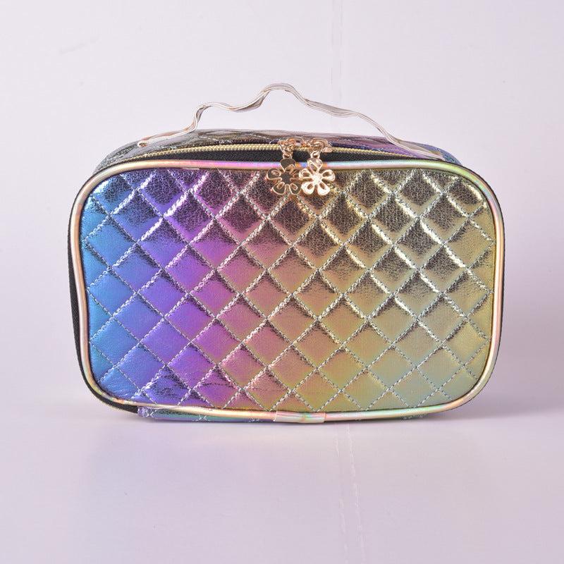 Large Capacity Hand Cosmetic Bag Waterproof Toiletry Handle Zipper Plaid Pattern