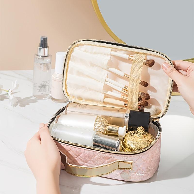 Large Capacity Hand Cosmetic Bag Waterproof Toiletry Handle Zipper Plaid Pattern