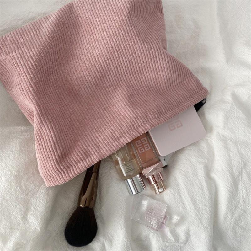 Corduroy Travel Cosmetic Bag Large Capacity Zipper Make Up Pouch