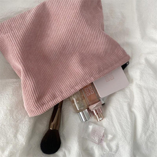 Corduroy Travel Cosmetic Bag Large Capacity Zipper Make Up Pouch