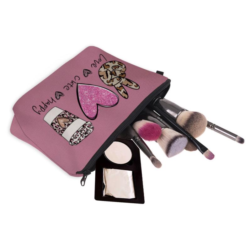 Leopard Print Zipper Makeup Bag Heart Coffee Cup Pattern Waterproof Purse