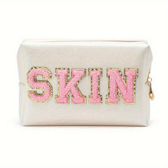 Plush Letter Patched Makeup Pouch Travel Toiletry Bag