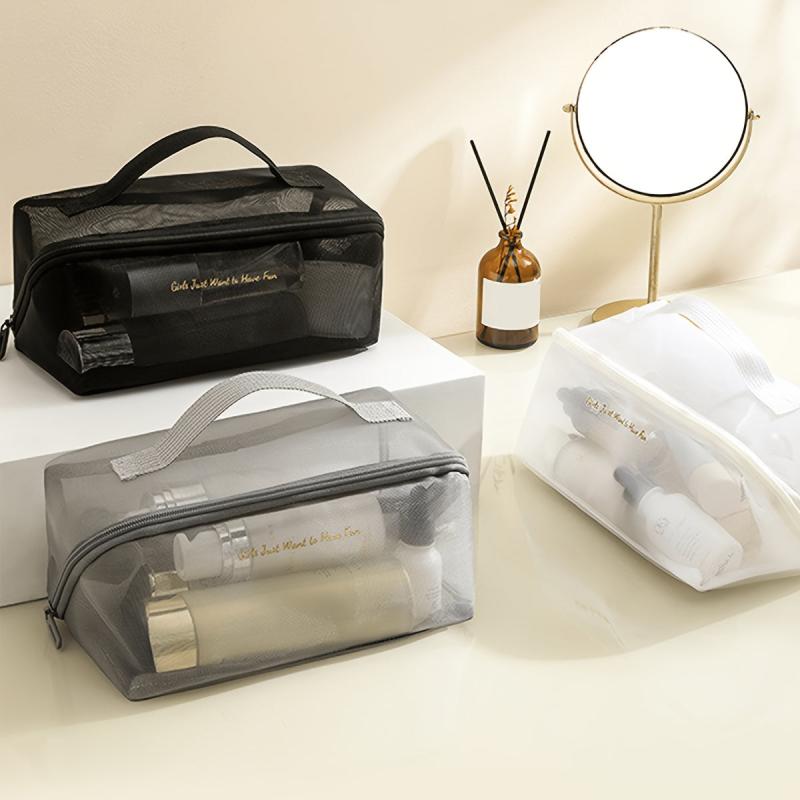 Large Capacity Mesh Makeup Bag With Handy Handle Clear Toiletry Bag