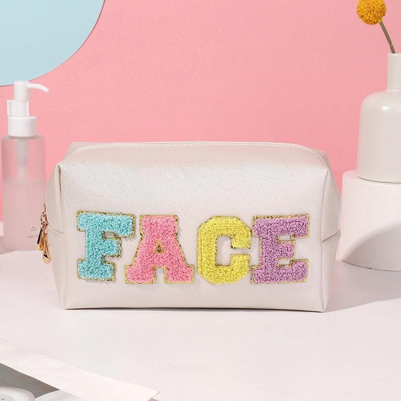 4pcs PU Makeup Bag Chenille Letter Patch Cosmetic Bag Travel Zipper Pouch