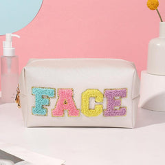 4pcs PU Makeup Bag Chenille Letter Patch Cosmetic Bag Travel Zipper Pouch