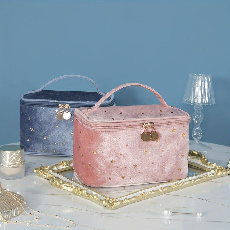 Velvet Makeup Bag with Handle Cosmetic Bags Star Pattern Toiletry Travel Bag