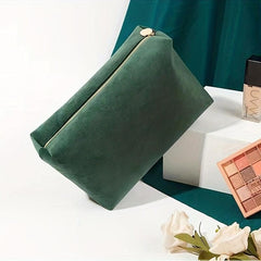 Green Square Makeup Bag Roomy Velvet Zipper Cosmetic Pouch