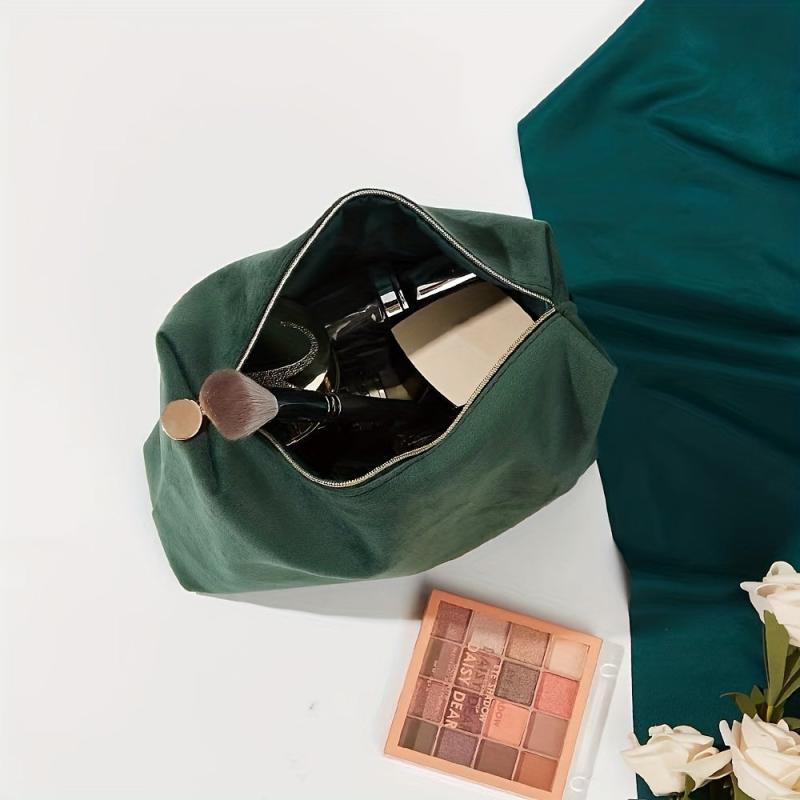 Green Square Makeup Bag Roomy Velvet Zipper Cosmetic Pouch