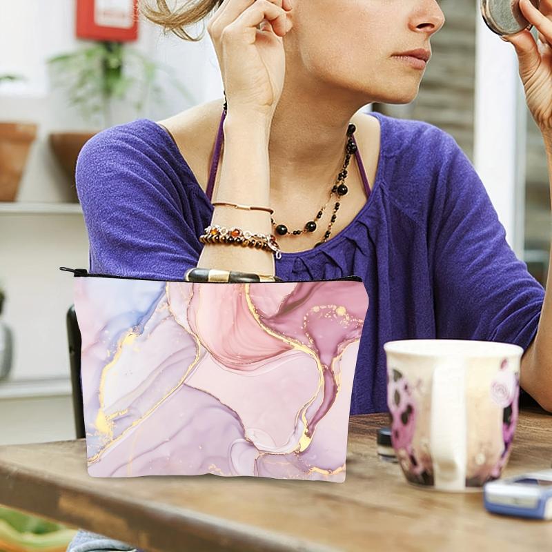 Pink Marble Pattern Makeup Bag For Women Roomy Makeup Travel Bag