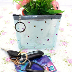 Clear Heart Decor Coin Purse With Keychain Mesh Cosmetic Bag Zipper Wallet
