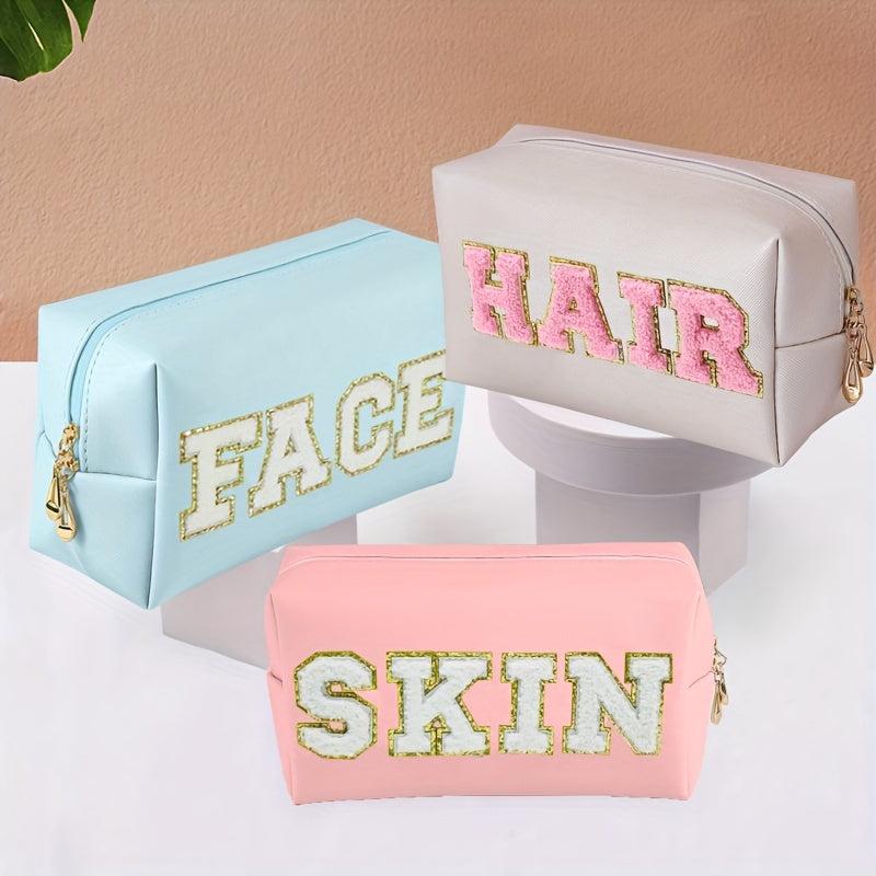 Preppy Makeup Bag Organizer with Embroidered Letter Patch