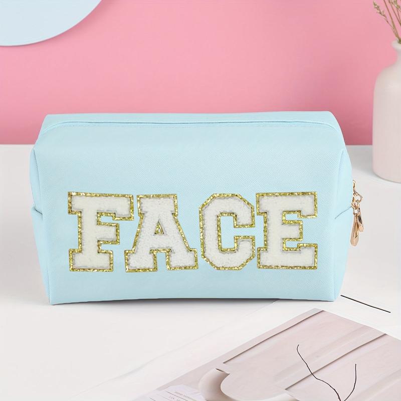 Preppy Makeup Bag Organizer with Embroidered Letter Patch