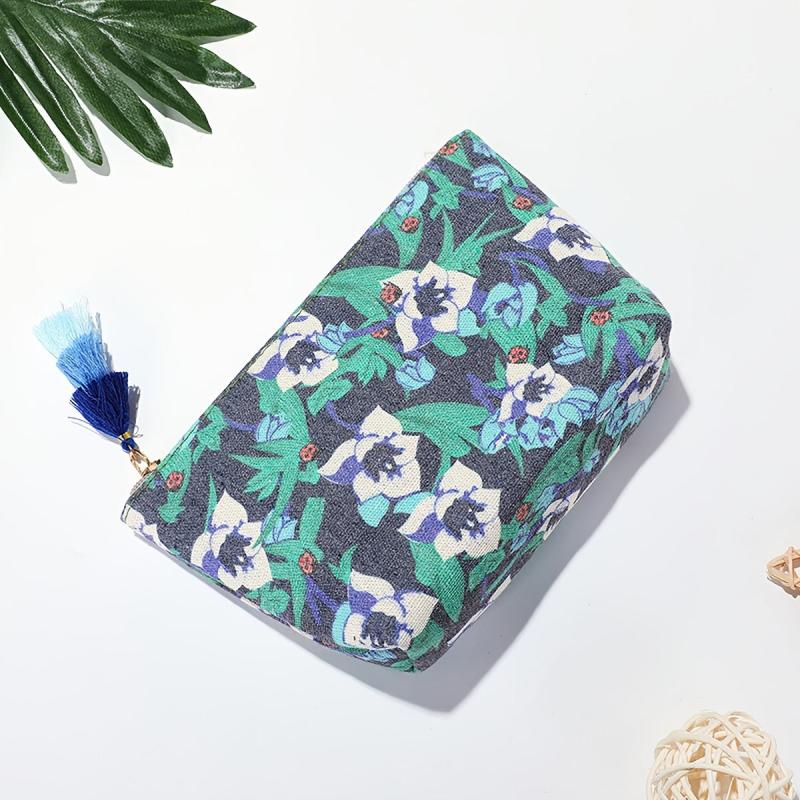 Vintage Floral Pattern Cosmetic Bag Canvas Roomy Zipper Makeup Bag