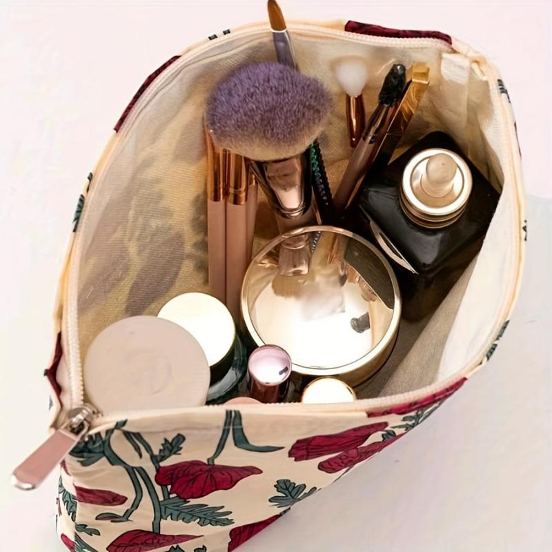 Red Floral Pattern Cosmetic Bag Corduroy Makeup Pouch
