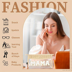 Boho Letter Patch Makeup Bag MAMA Pouch Clear Toiletry Bag