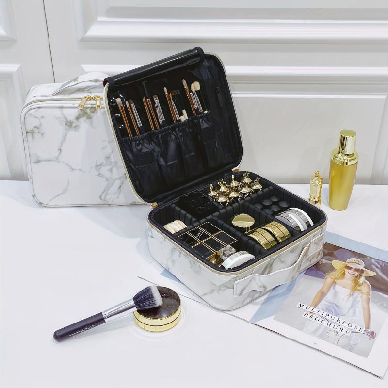 Marble Pattern Travel Makeup Case Organizer Adjustable Dividers