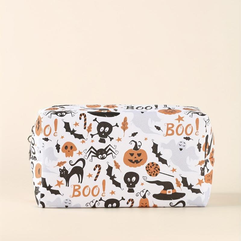 Halloween Pumpkin & Spider Skull Print Makeup Bag