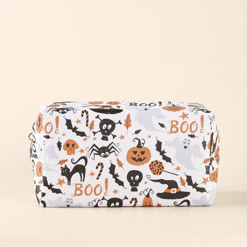Halloween Pumpkin & Spider Skull Print Makeup Bag