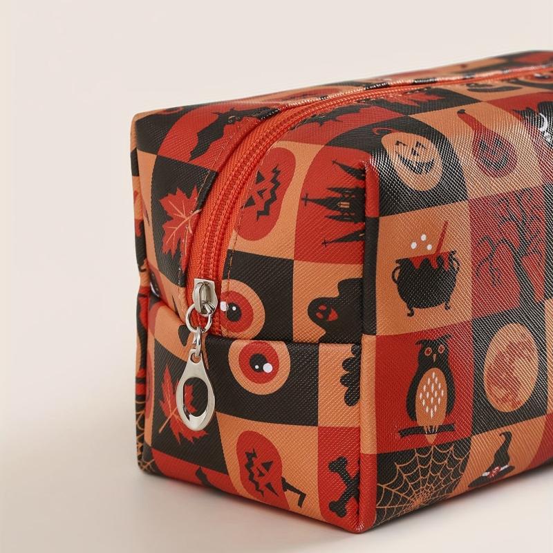 Halloween Pumpkin & Spider Web Print Makeup Bag Zipper Roomy Square Makeup Pouch