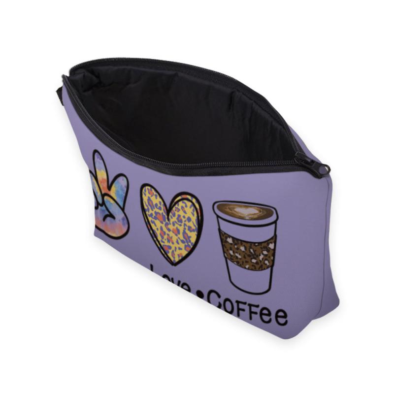 Peace Love Coffee Print Zipper Makeup Bag For Women Waterproof Purse