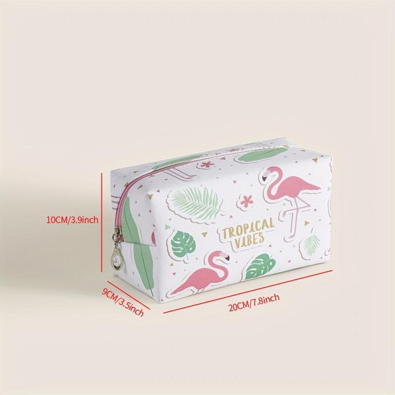 Flamingo Pattern Makeup Bag Roomy Square PU Makeup Pouch Zipper Travel Organizer