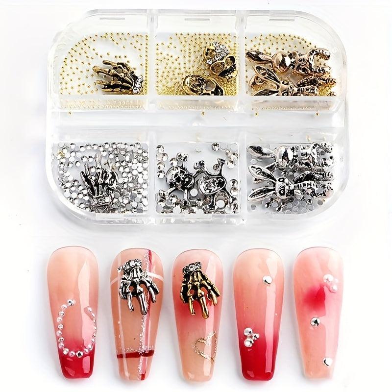 Halloween Nail Art Charms Silver Skulls Spiders 3D Gems Studs Kit