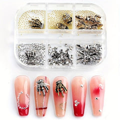 Halloween Nail Art Charms Silver Skulls Spiders 3D Gems Studs Kit