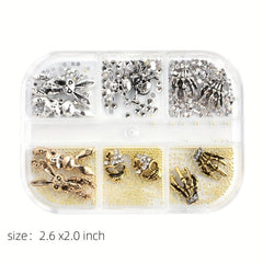 Halloween Nail Art Charms Silver Skulls Spiders 3D Gems Studs Kit
