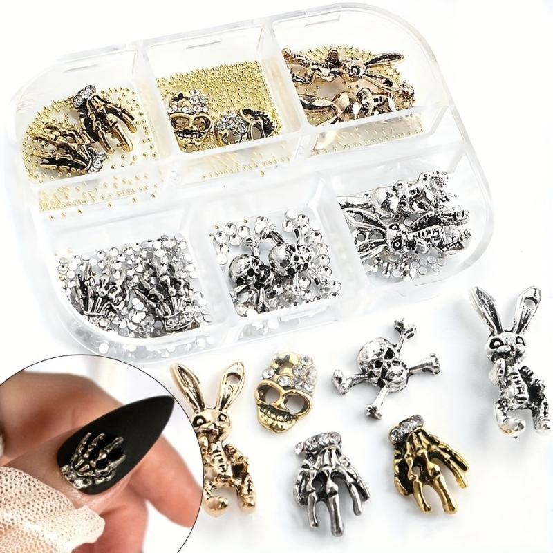 Halloween Nail Art Charms Silver Skulls Spiders 3D Gems Studs Kit