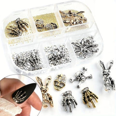 Halloween Nail Art Charms Silver Skulls Spiders 3D Gems Studs Kit