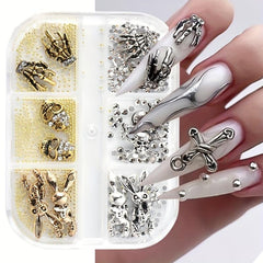 Halloween Nail Art Charms Silver Skulls Spiders 3D Gems Studs Kit