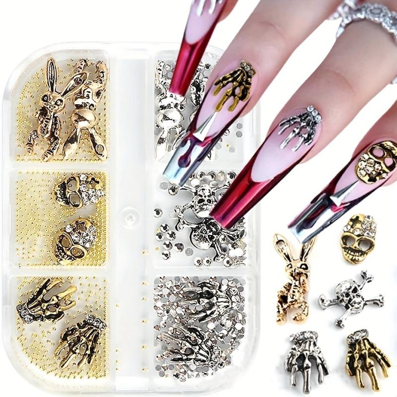 Halloween Nail Art Charms Silver Skulls Spiders 3D Gems Studs Kit