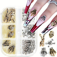Halloween Nail Art Charms Silver Skulls Spiders 3D Gems Studs Kit