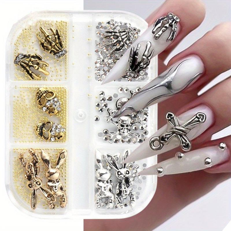 Halloween Nail Art Charms Silver Skulls Spiders 3D Gems Studs Kit