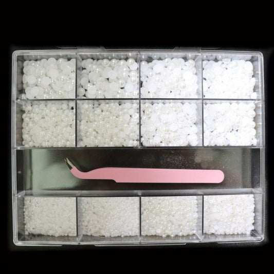 13 Grids Flatback Nail Pearls Set With Tweezers For Nail Art Decoration